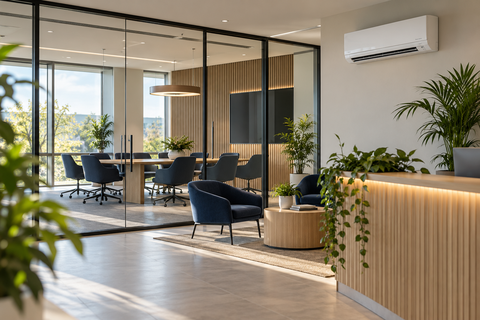 Illustrative contemporary commercial interior with wall-mounted air conditioning